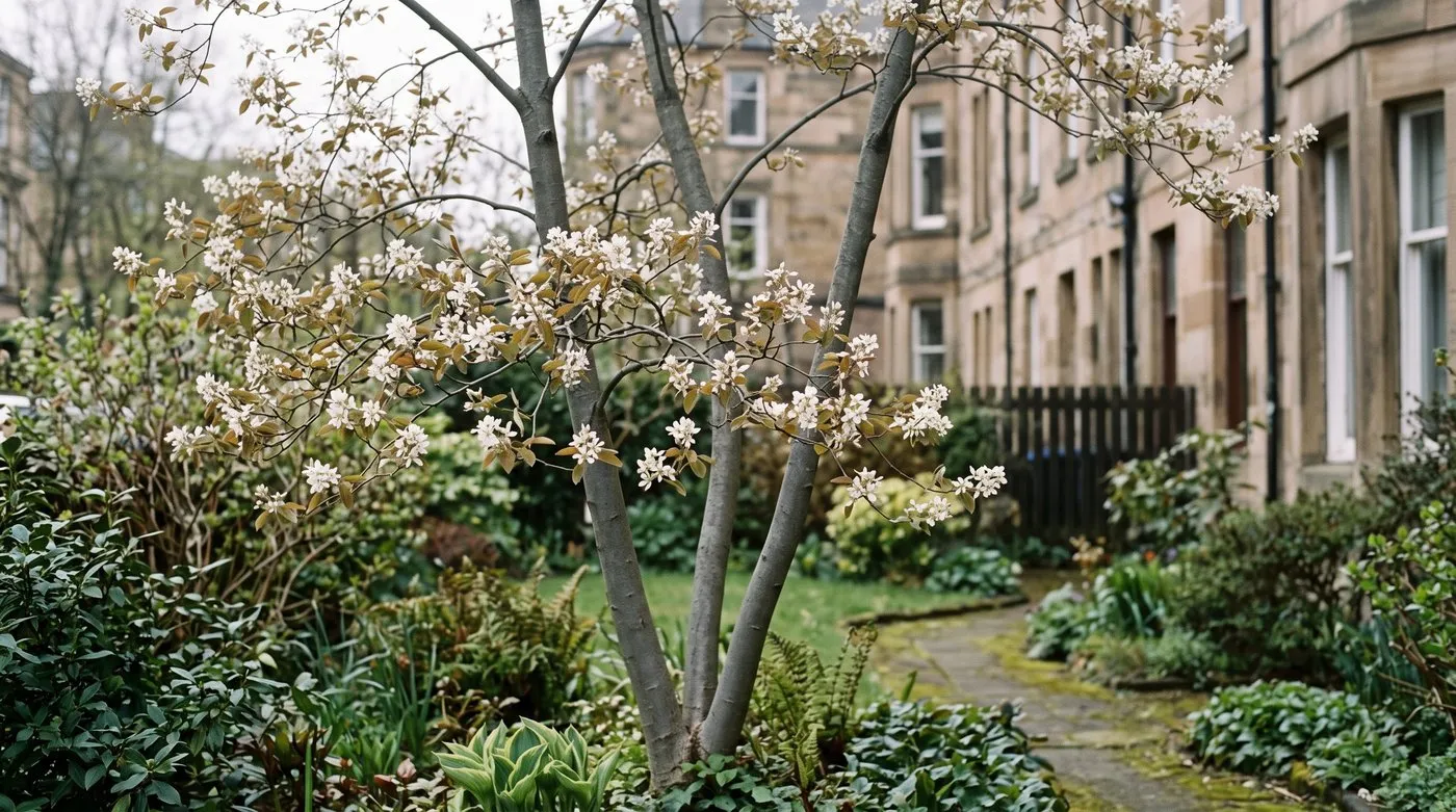 An Amelanchier lamarckii multi-stem in flower with white star-shaped blossom and bronze new leaves