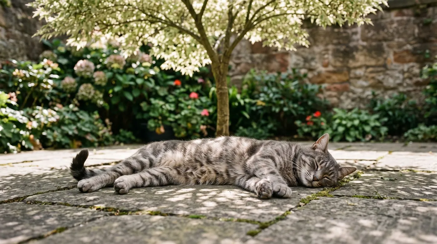 A cat lying in dappled shade on paving beneath the canopy of a small garden tree