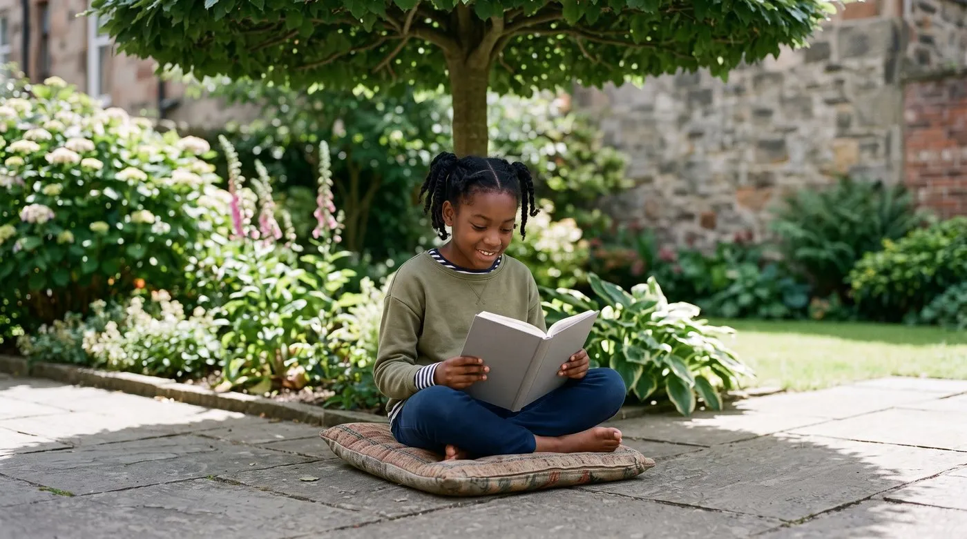 A young girl sitting reading in the shade beneath a small garden tree on a summer afternoon