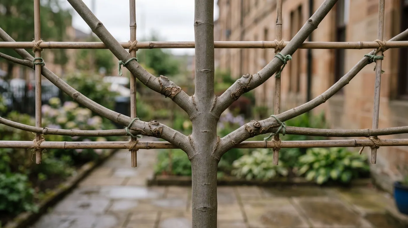 Close-up of the clear trunk and grafted head of a trained roof-form tree showing the horizontal frame