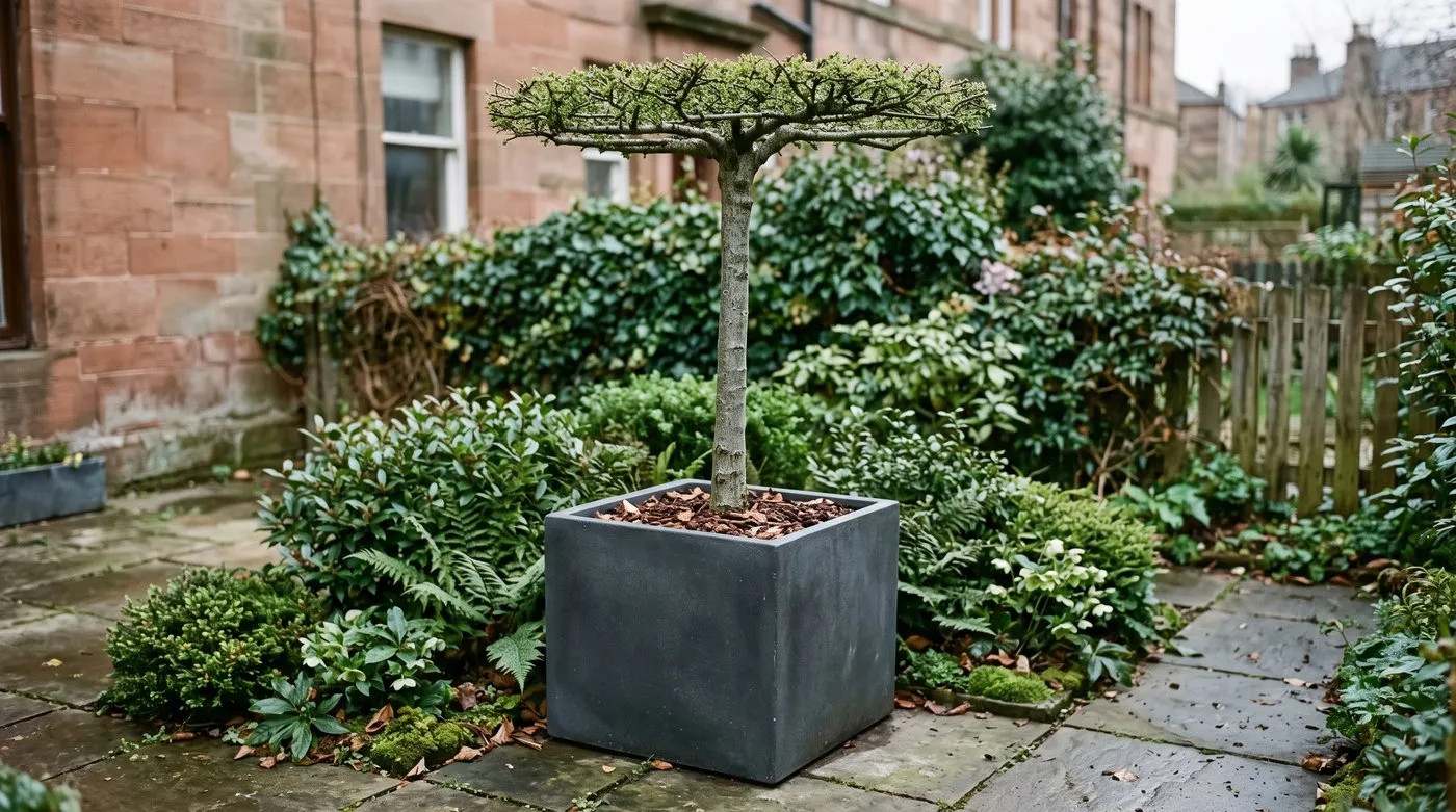 A roof-form tree growing in a large square container on a small paved city garden terrace