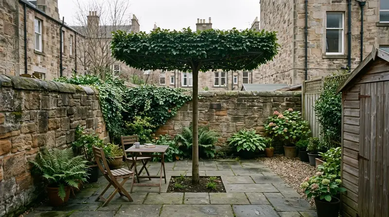 A trained roof-form parasol tree casting flat rectangular shade over a small paved Glasgow garden with seating beneath