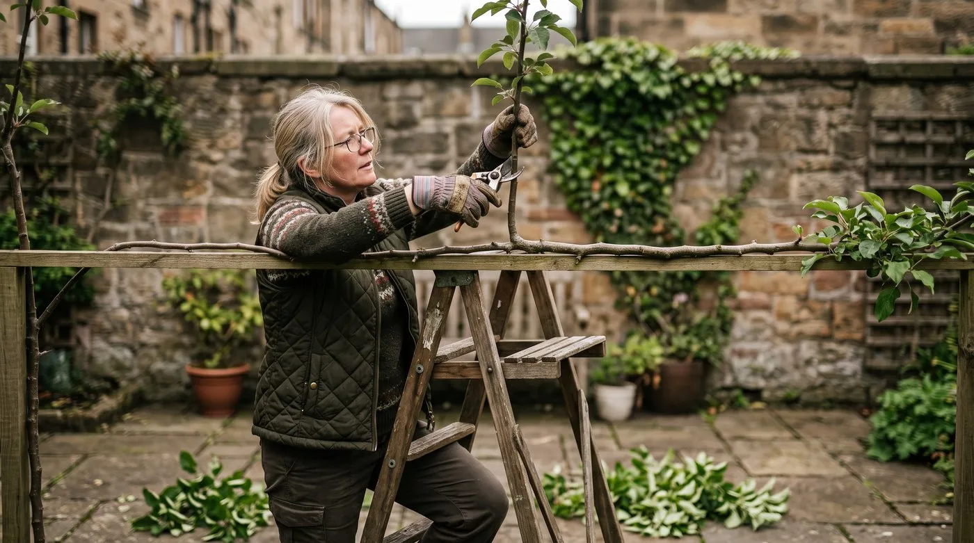 A woman on a step ladder cutting vertical shoots back to the flat framework of a roof-form tree