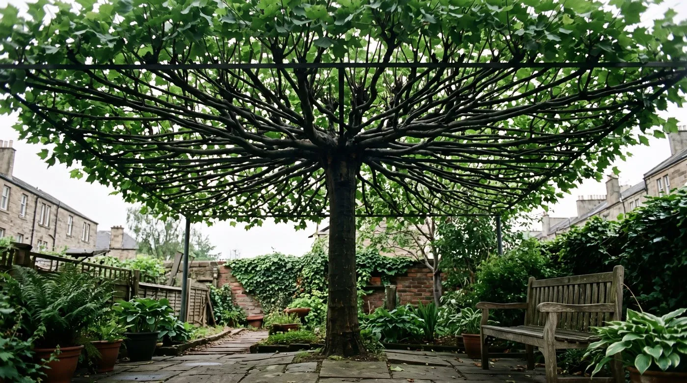 A trained roof-form tree with a flat rectangular canopy on a clear trunk above a paved seating area