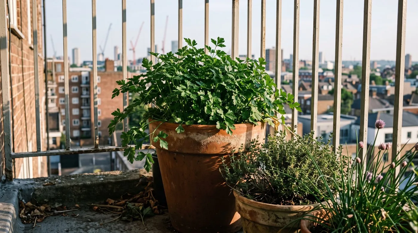 Flat-leaf parsley thriving in a deep terracotta pot on a city flat balcony