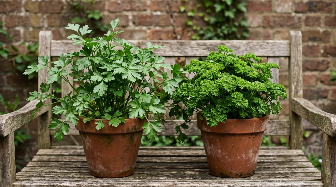 Flat-leaf parsley and curly parsley growing in two pots side by side