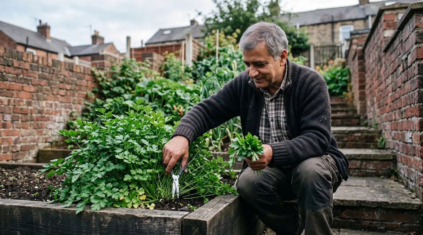 Man picking the outer stems of a flat-leaf parsley plant in a raised bed
