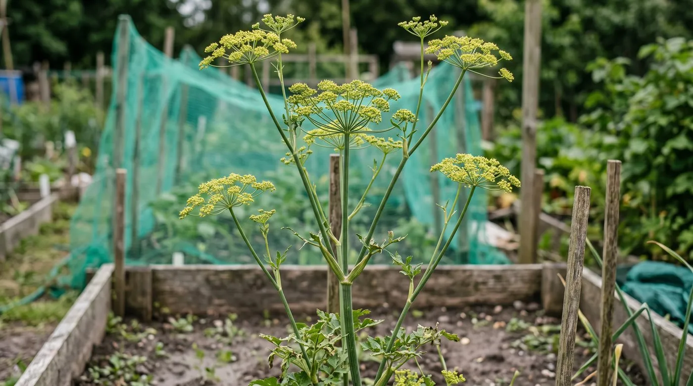 Second-year parsley plant with a tall stem of flat yellow-green flower heads