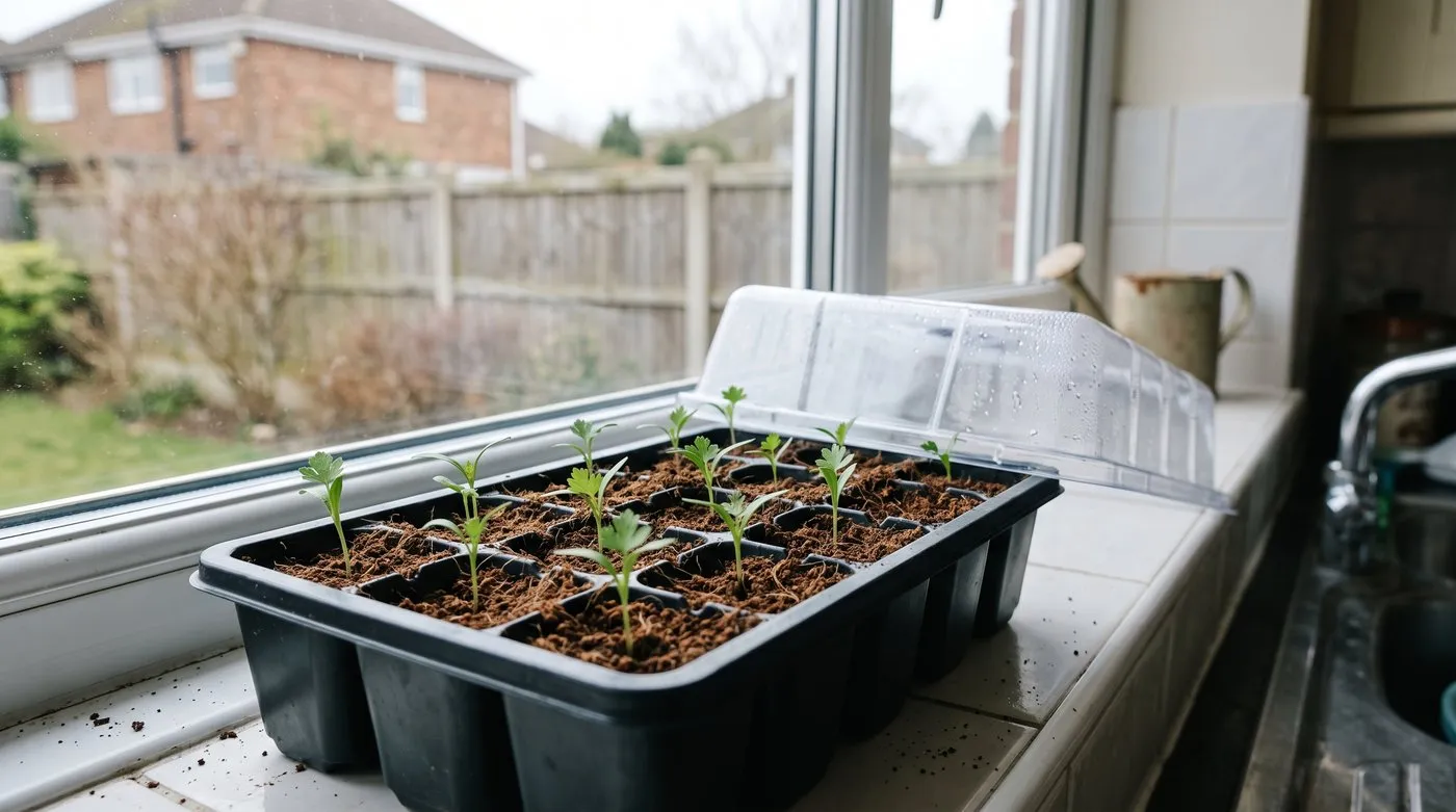 Parsley seedlings growing one per module in a tray on a kitchen windowsill