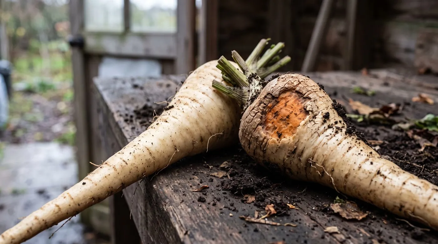 Parsnip with a rough orange-brown canker patch on its shoulder beside a clean root