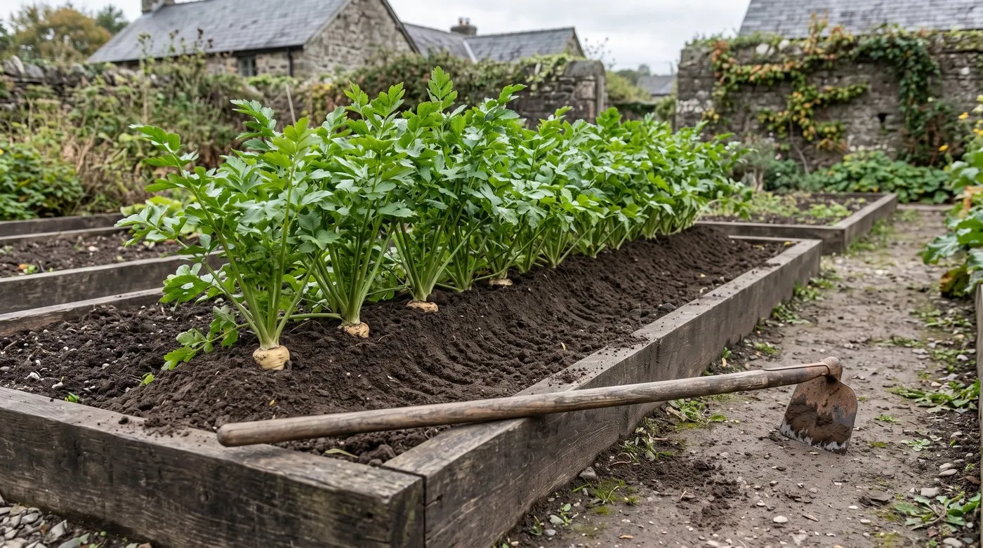 Soil drawn up over the tops of parsnip roots along a leafy row in September
