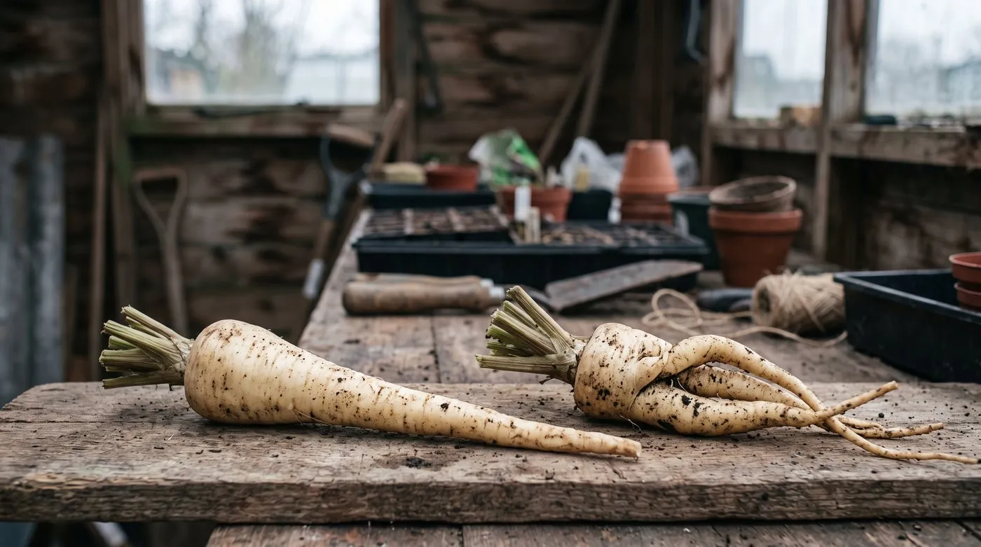 A straight parsnip next to a forked parsnip with several twisted roots