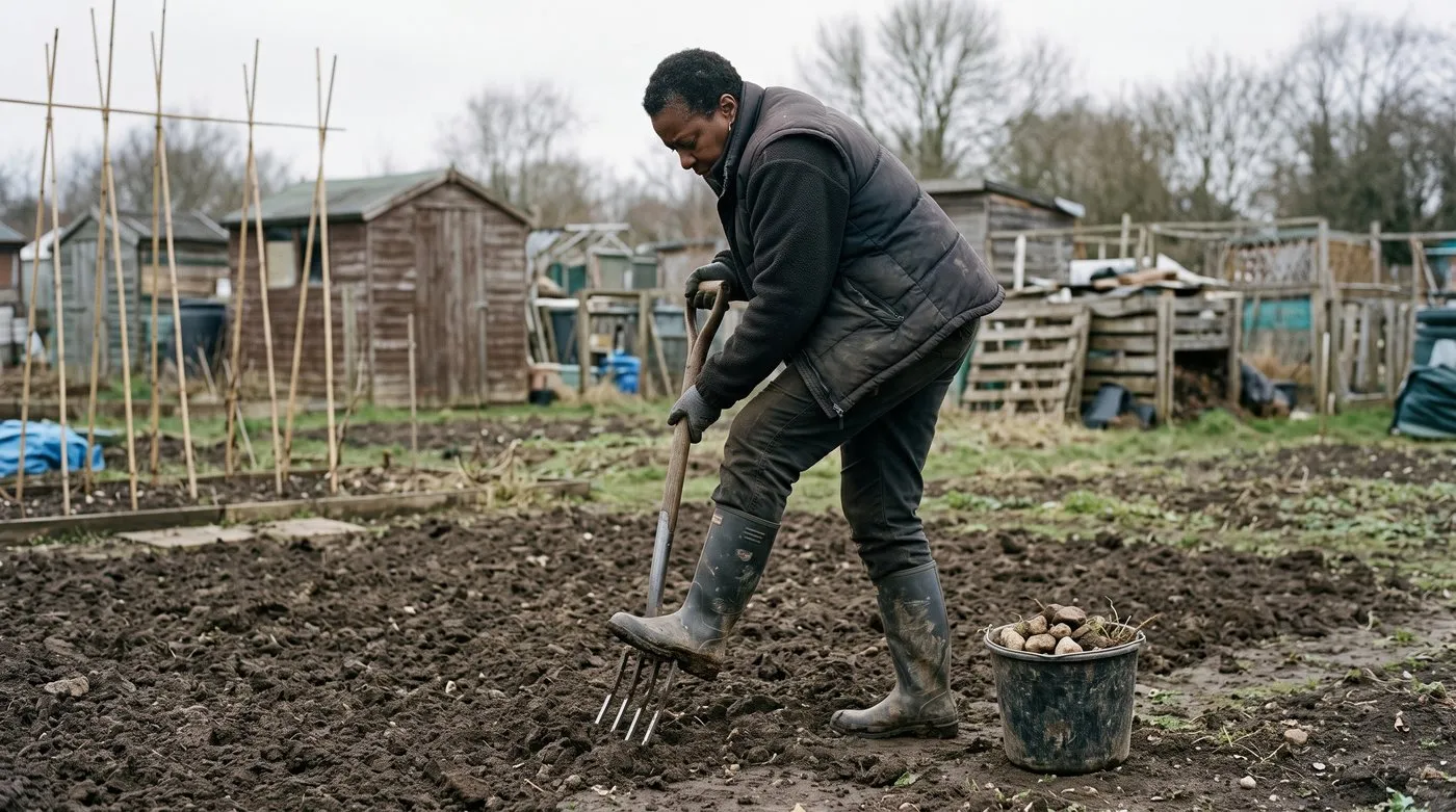 Gardener forking an allotment bed deeply and removing stones before sowing parsnips