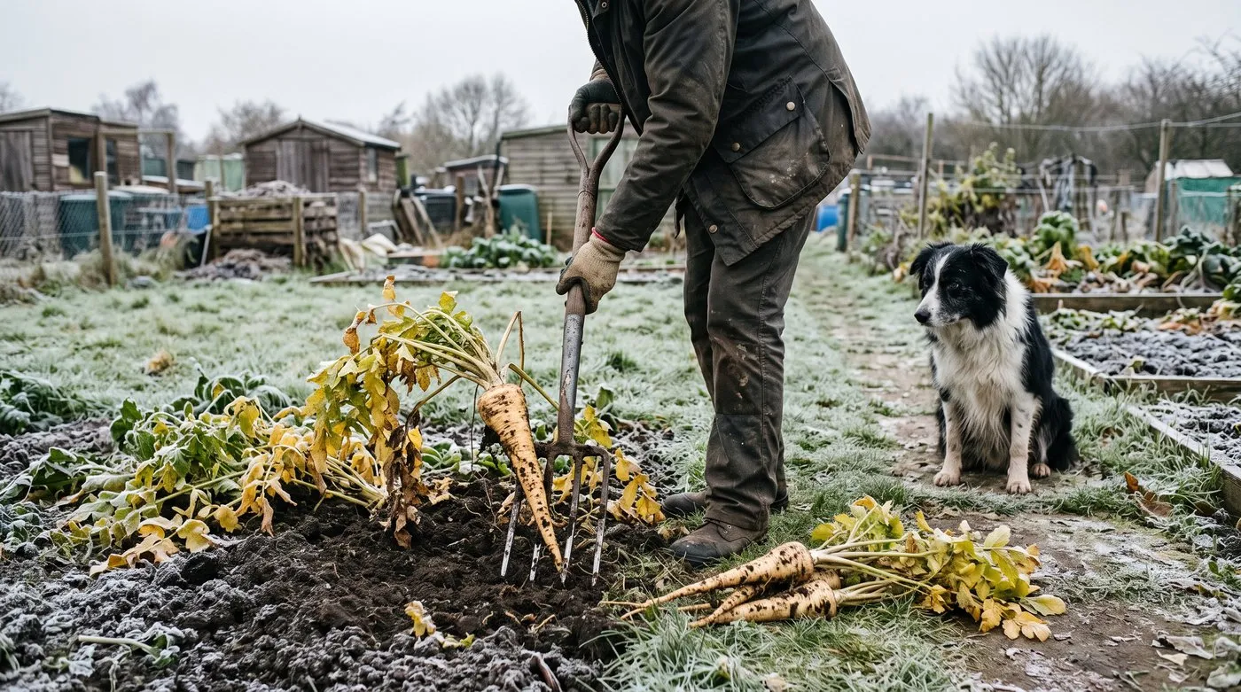 A long parsnip being levered out of frosty soil with a garden fork, a collie watching
