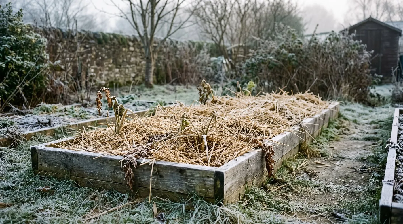 Parsnip bed covered with a thick layer of straw on a frosty winter morning