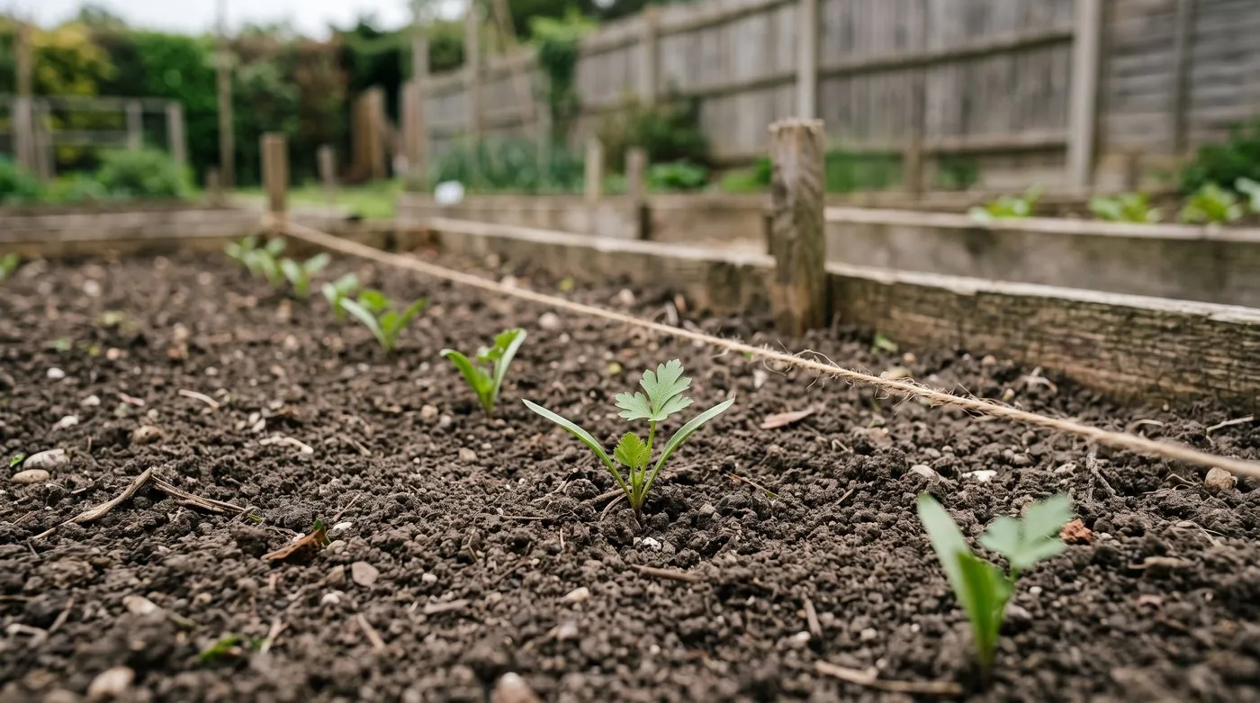 Parsnip seedlings thinned to one per station along a row of fine soil