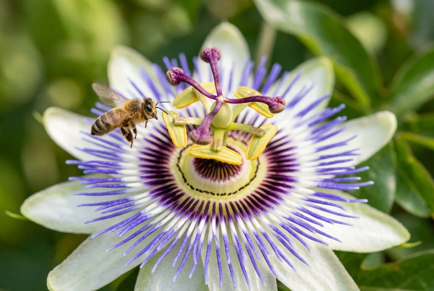 Close-up macro of a passionflower bloom showing fine blue white and purple corona filaments with a bee visiting