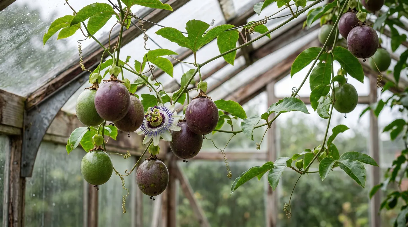 Purple passion fruit ripening on a vine trained under a heated greenhouse roof