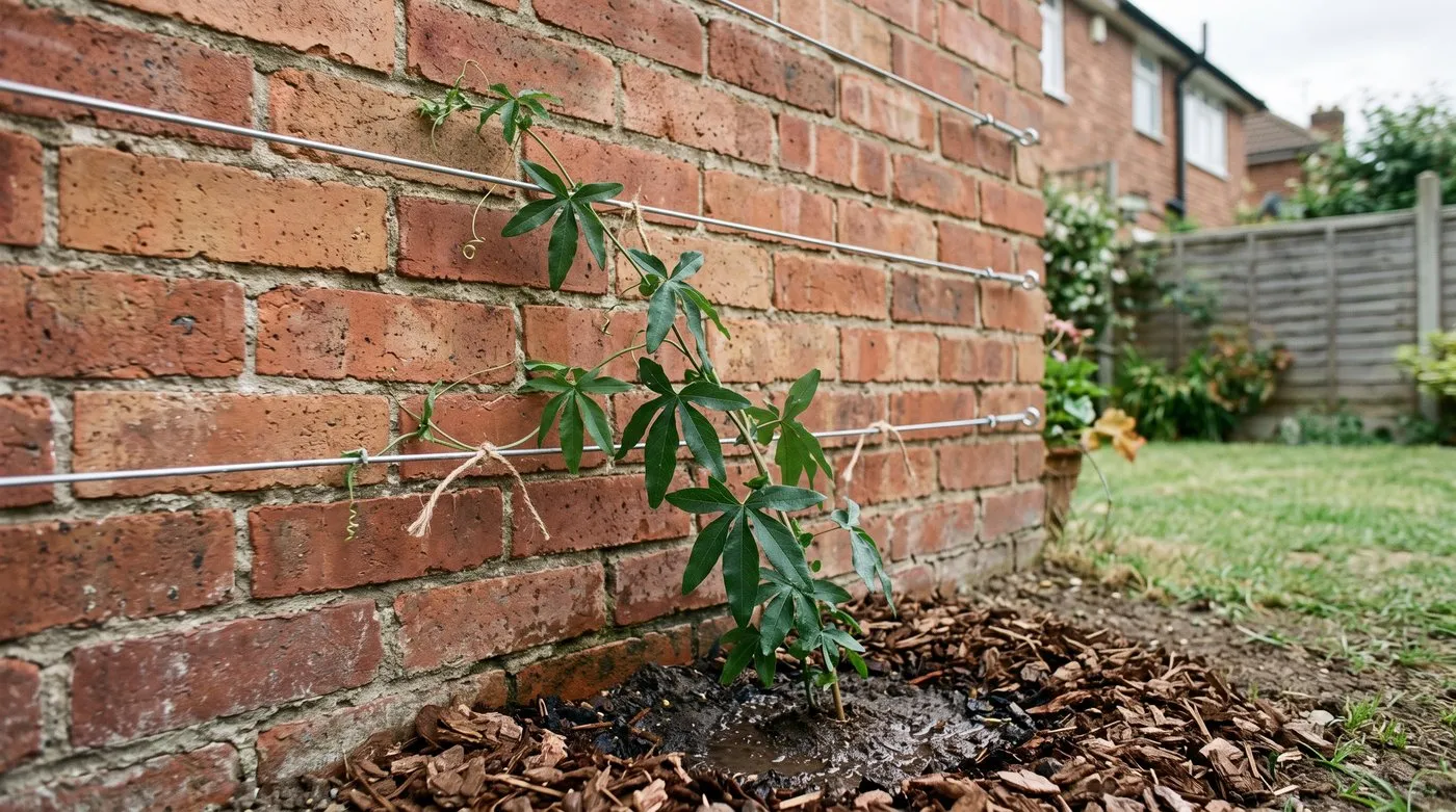 Newly planted passionflower tied to wires on a sunny brick wall with bark mulch