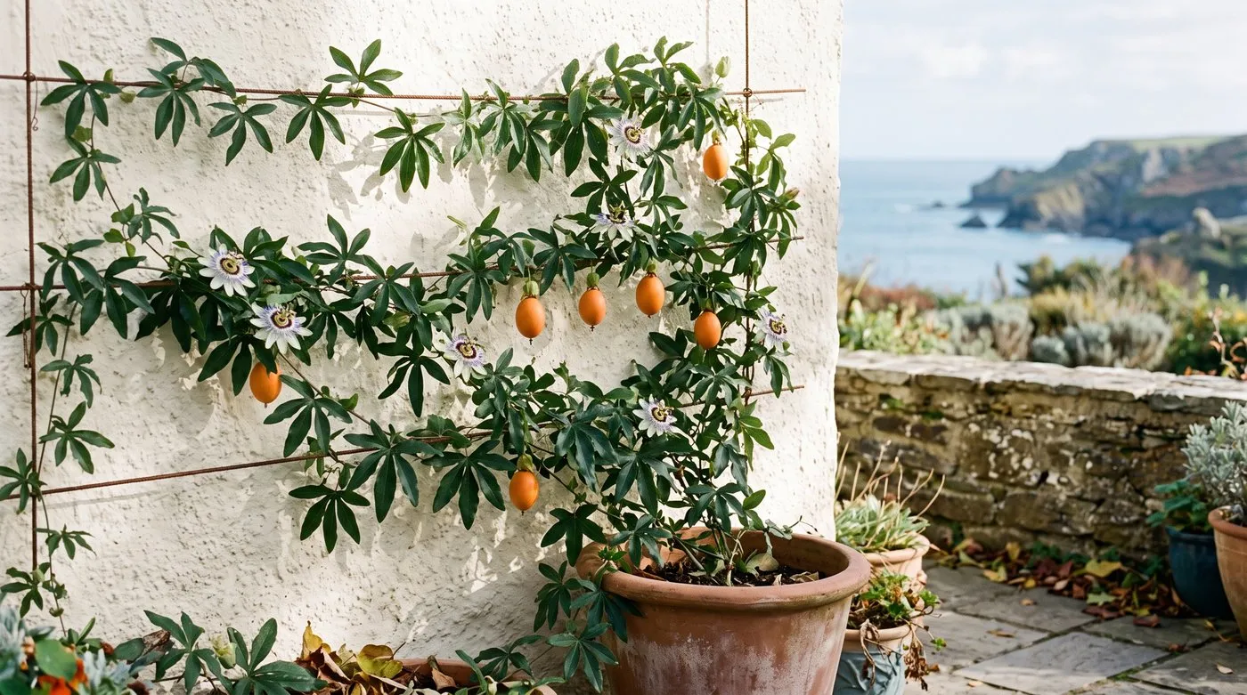 Egg-shaped orange fruits hanging among five-lobed leaves of a blue passionflower on a sunny wall