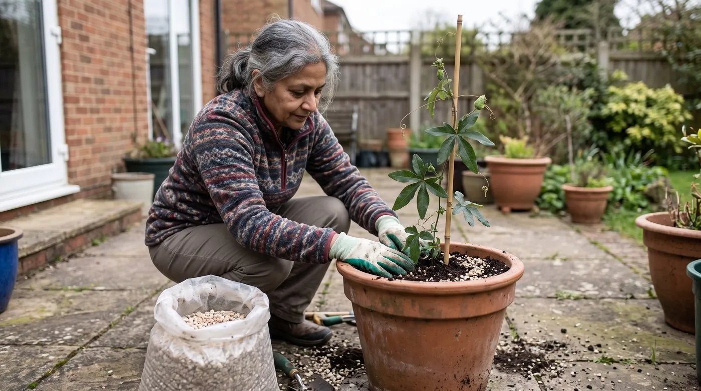 Woman planting a young passionflower with five-lobed leaves into a terracotta pot of loam-based compost and grit