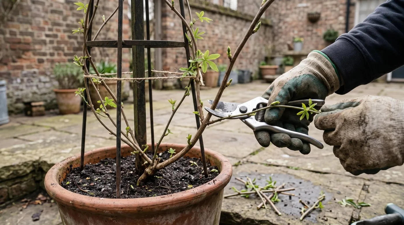 Gloved hands pruning passionflower side shoots back to a few buds on an obelisk in early spring