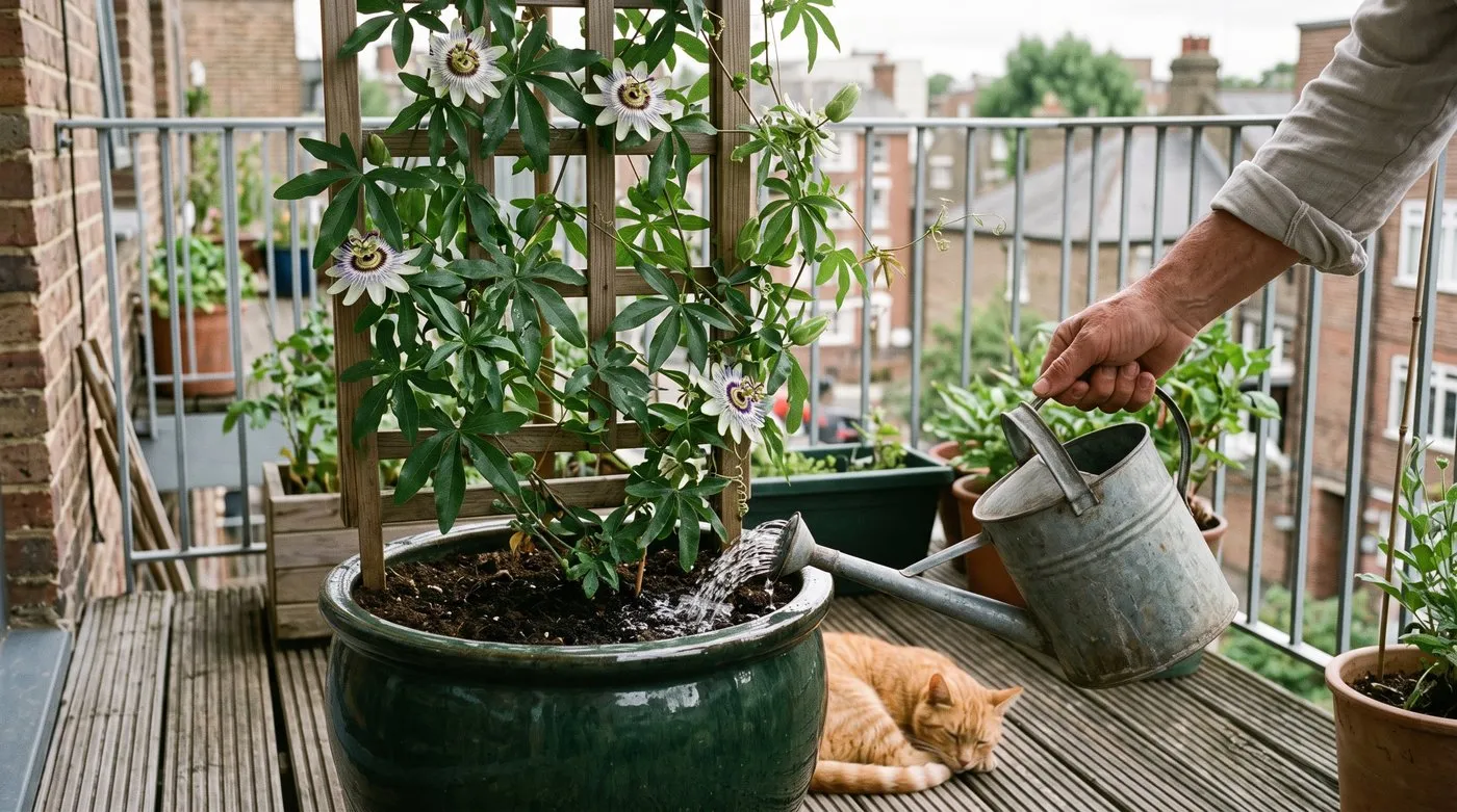 Watering a potted passionflower at the base on a sunny balcony while a ginger cat rests in the shade