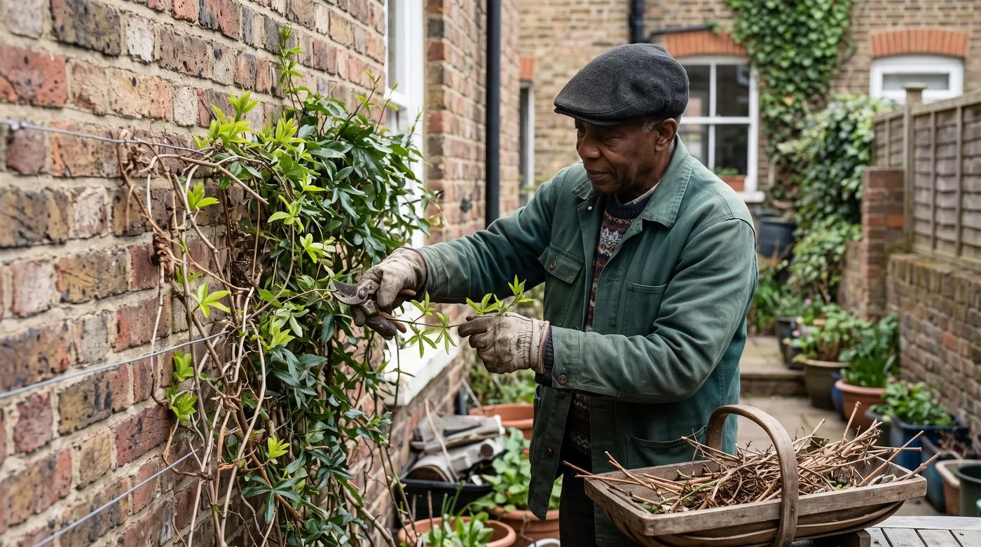 Gardener pruning passionflower side shoots on a house wall in late spring