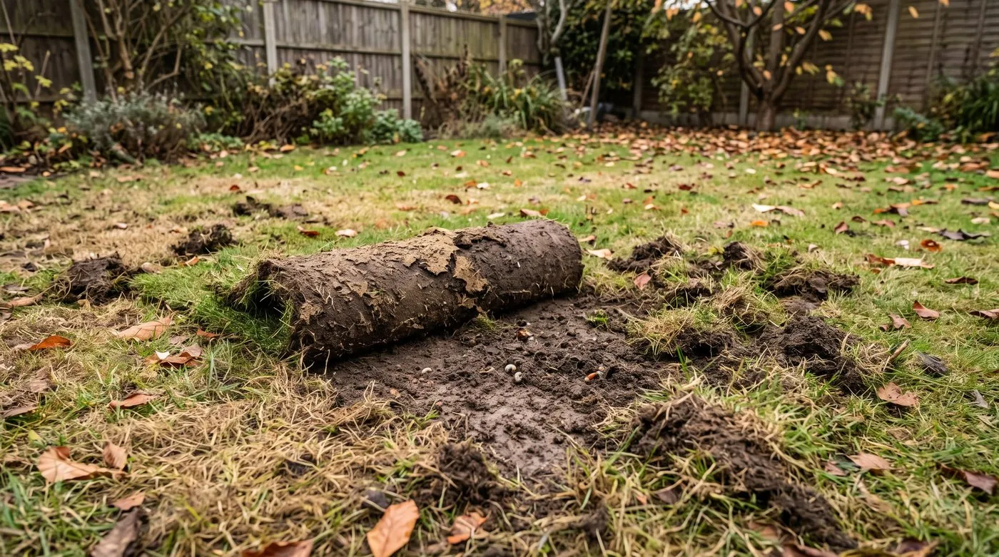 Lawn turf peeled back like a carpet with torn clumps from birds digging for chafer grubs