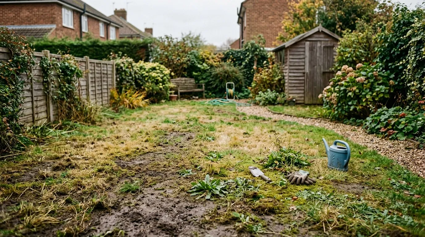 Patchy lawn with bare soil patches and yellowing areas in a UK suburban garden