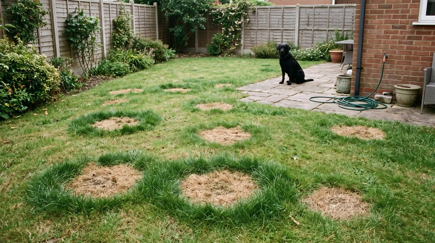 Patchy lawn with round dog urine burns showing brown centres and dark green rings