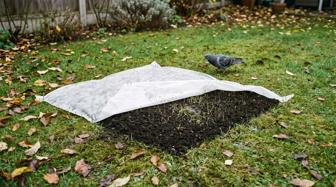 Horticultural fleece pegged over a reseeded lawn patch to keep pigeons off new grass seedlings