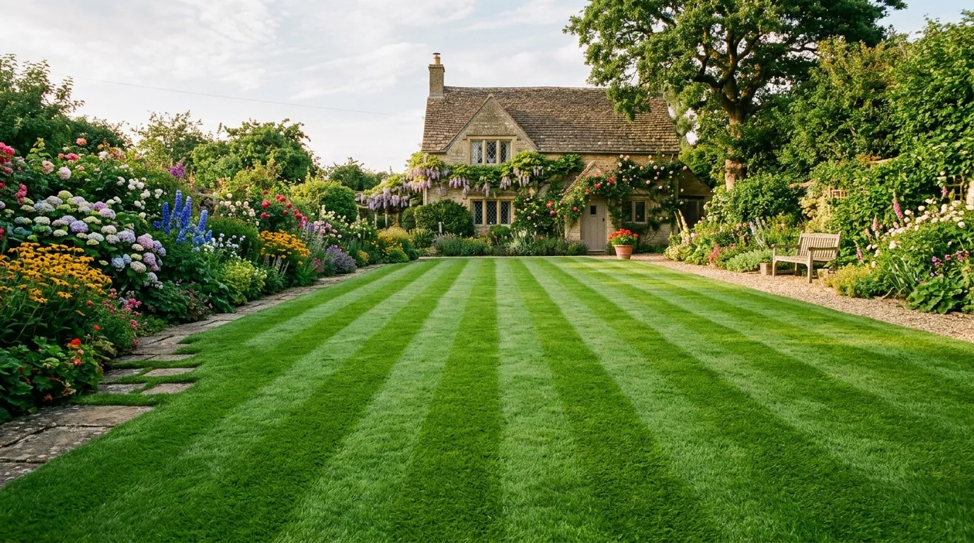 Repaired patchy lawn now showing lush thick green grass with striped mowing pattern