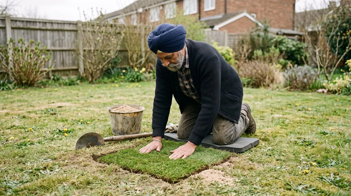 Older gardener pressing a new square of turf into a cut-out patch to repair a patchy lawn
