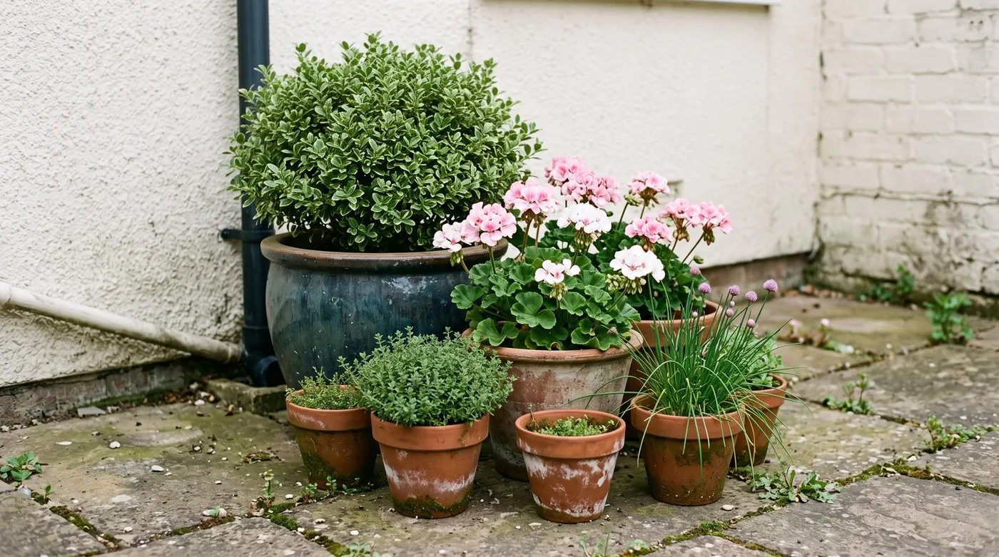 Patio pots in three sizes grouped together, from a large shrub pot to small herb pots