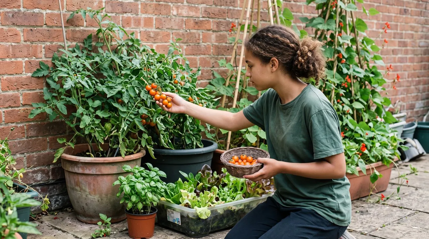 Teenage girl picking cherry tomatoes from pots on a sunny patio against a brick wall