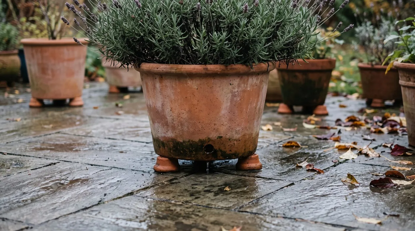 Terracotta patio pot raised on pot feet so water drains freely from the hole underneath