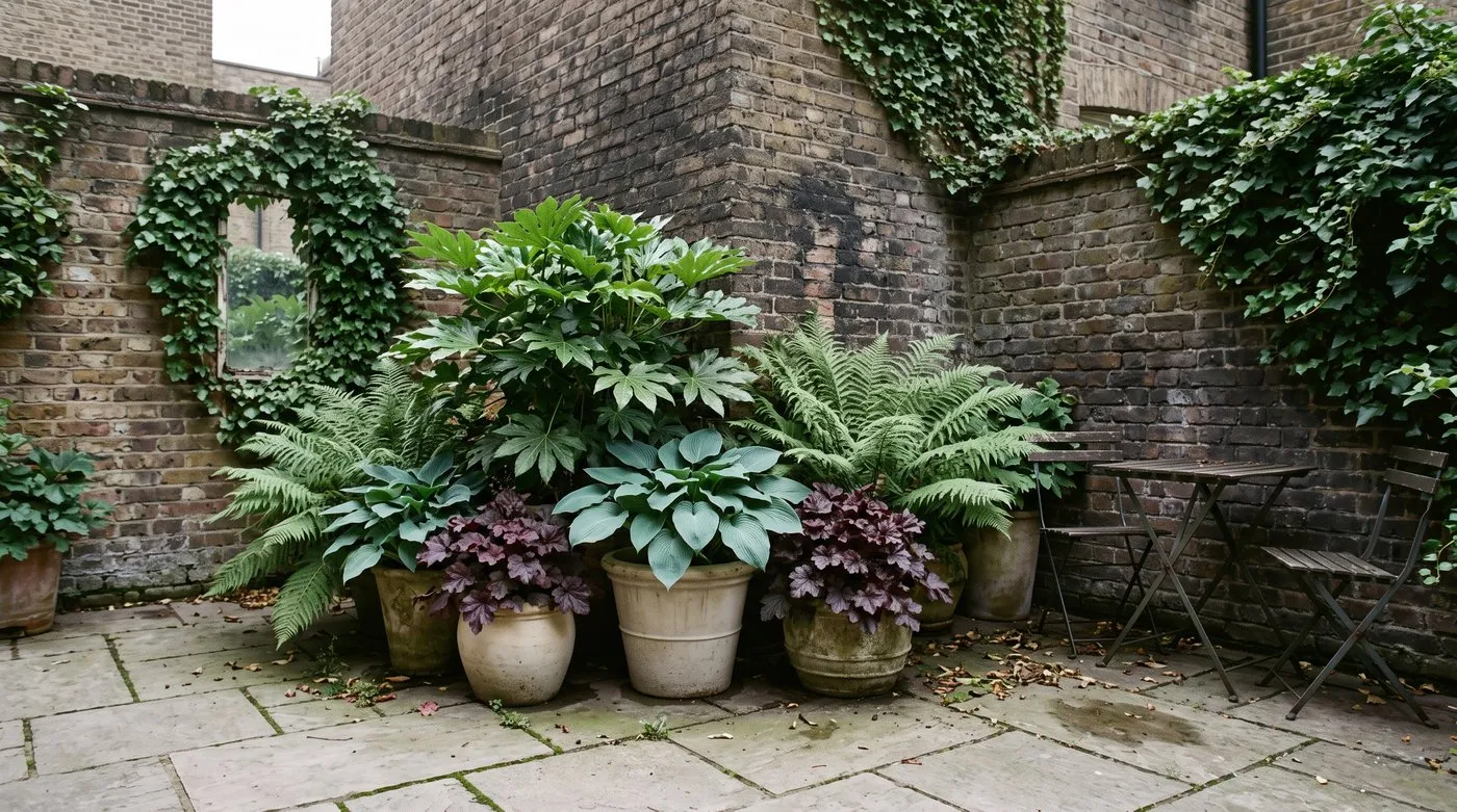 Shady patio with ferns, hostas, fatsia and heuchera in pale pots in a city courtyard