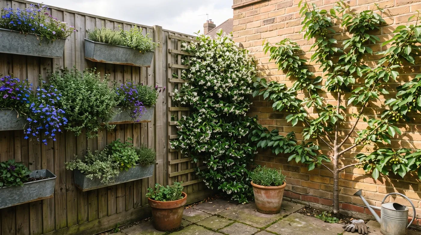 Patio fence with wall troughs, a star jasmine on trellis and a fan-trained fruit tree