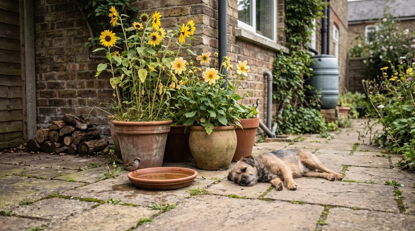 Small patio with sunflowers, a water dish and log pile for wildlife, and a dog resting nearby