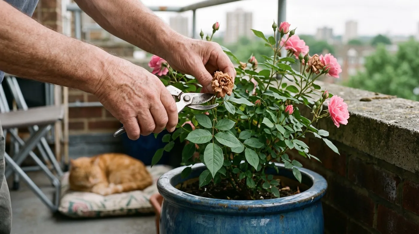 Hands deadheading a faded flower from a pink patio rose in a blue pot on a balcony, with a cat dozing behind