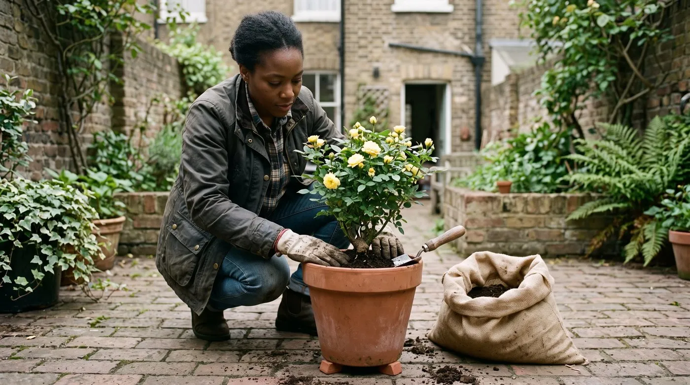 Gardener planting a yellow patio rose in a terracotta pot with the graft union level with the compost