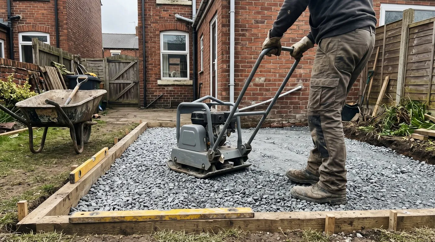 Plate compactor firming a crushed stone sub-base for a new garden patio