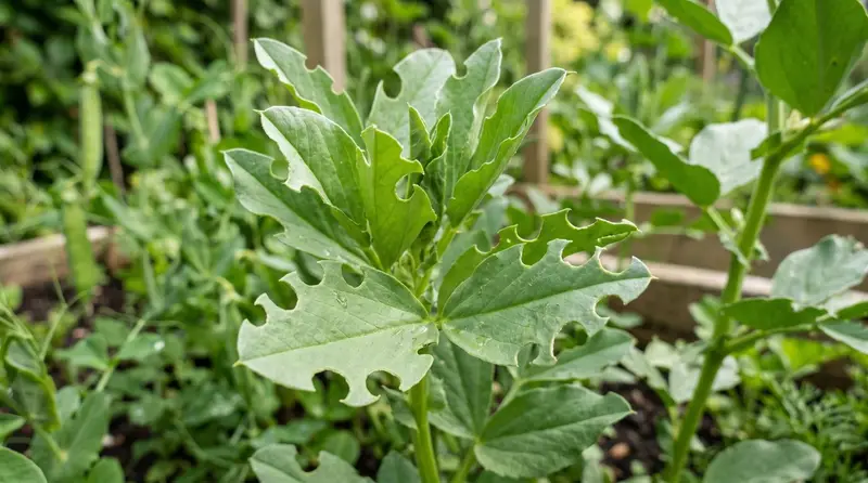 Broad bean leaves showing the U-shaped marginal notches caused by adult pea and bean weevil