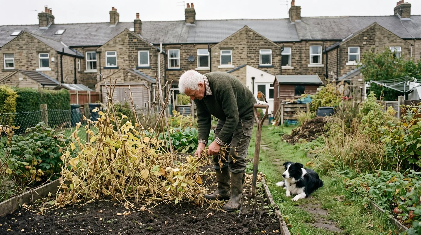 Older gardener clearing spent pea plants and forking the bed while a robin and a collie watch