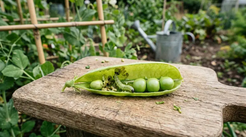 Open pea pod showing pale green pea moth caterpillar maggot inside the pod with healthy peas alongside on a UK allotment