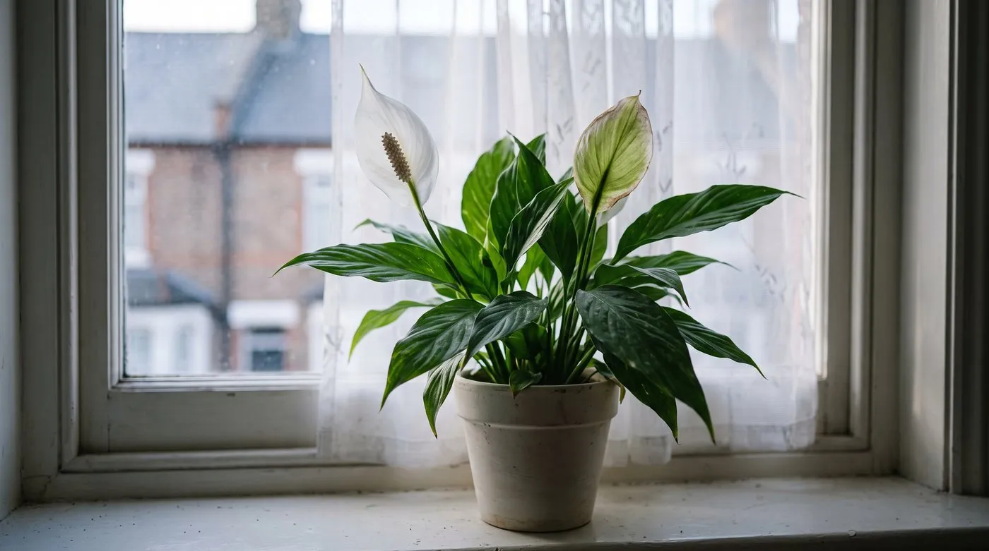 Peace lily with one fresh white flower and an older flower fading to green