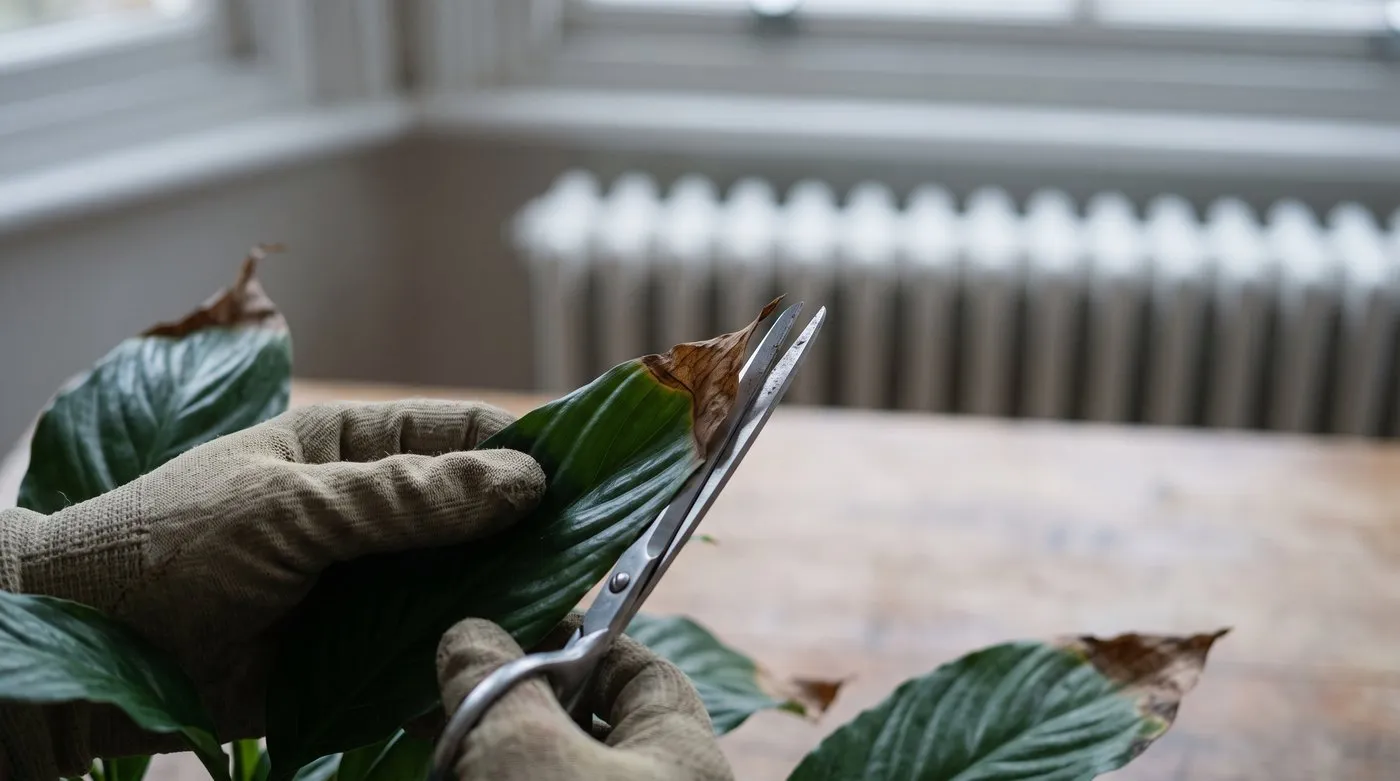 Scissors trimming a brown, crispy tip from a peace lily leaf following its natural shape