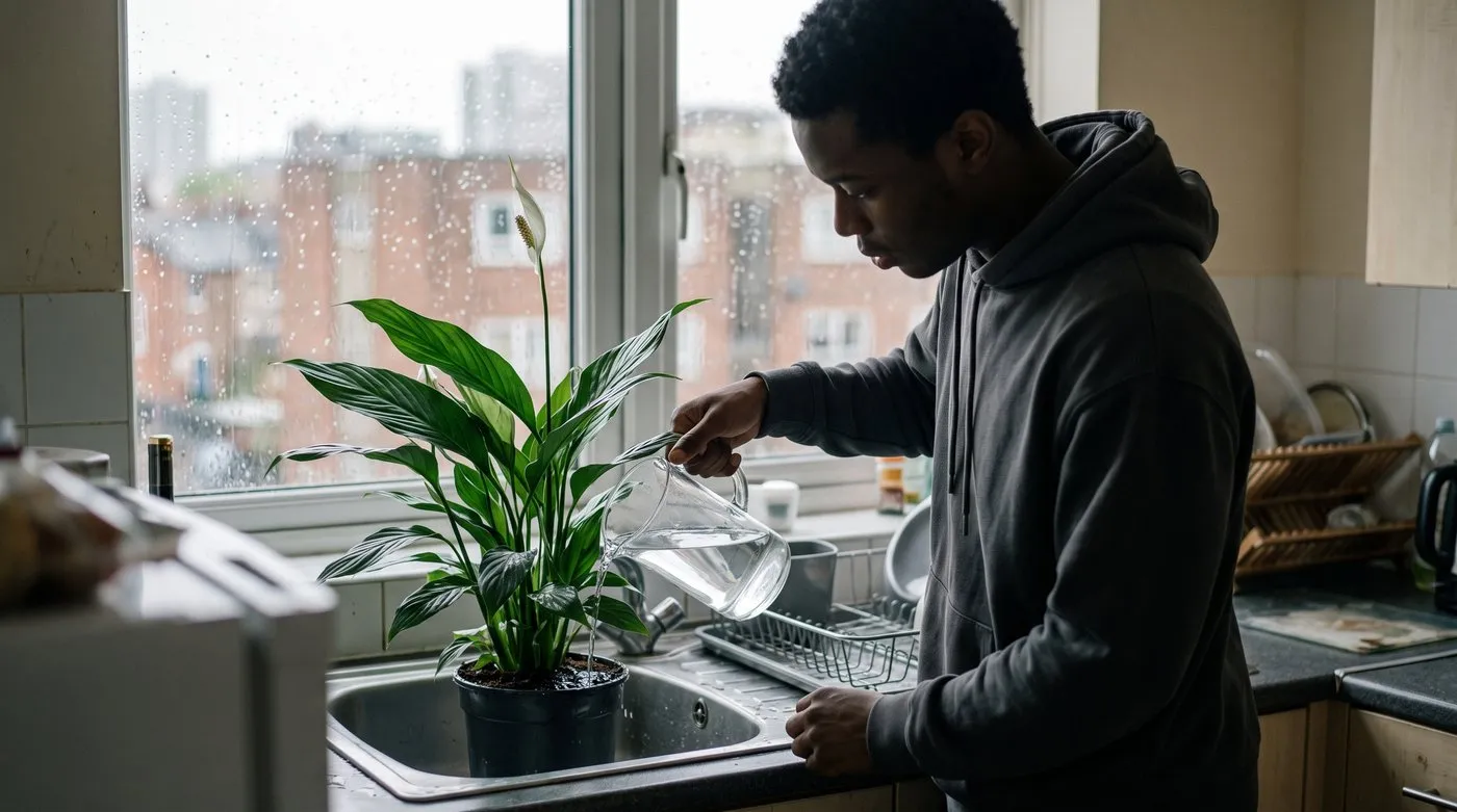 Man flushing a peace lily with room-temperature water in a kitchen sink