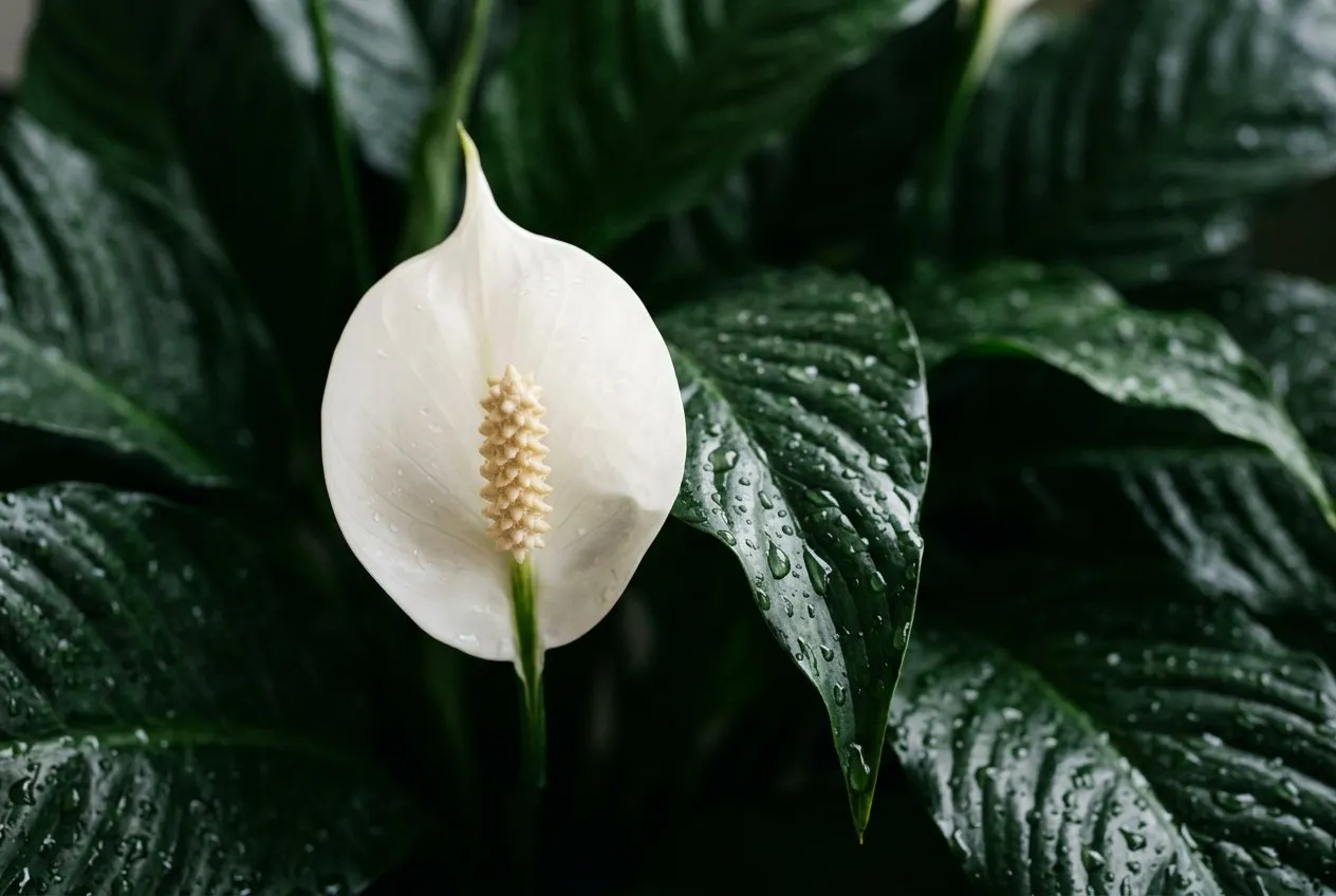 Peace lily white spathe flower with moisture droplets on dark green foliage